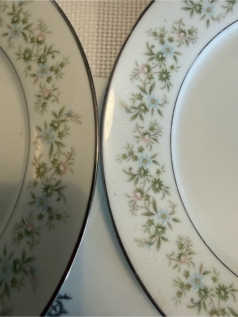3 Noritaki Floral Porcelain Dinner Plate - White Green and Blue Floral Border